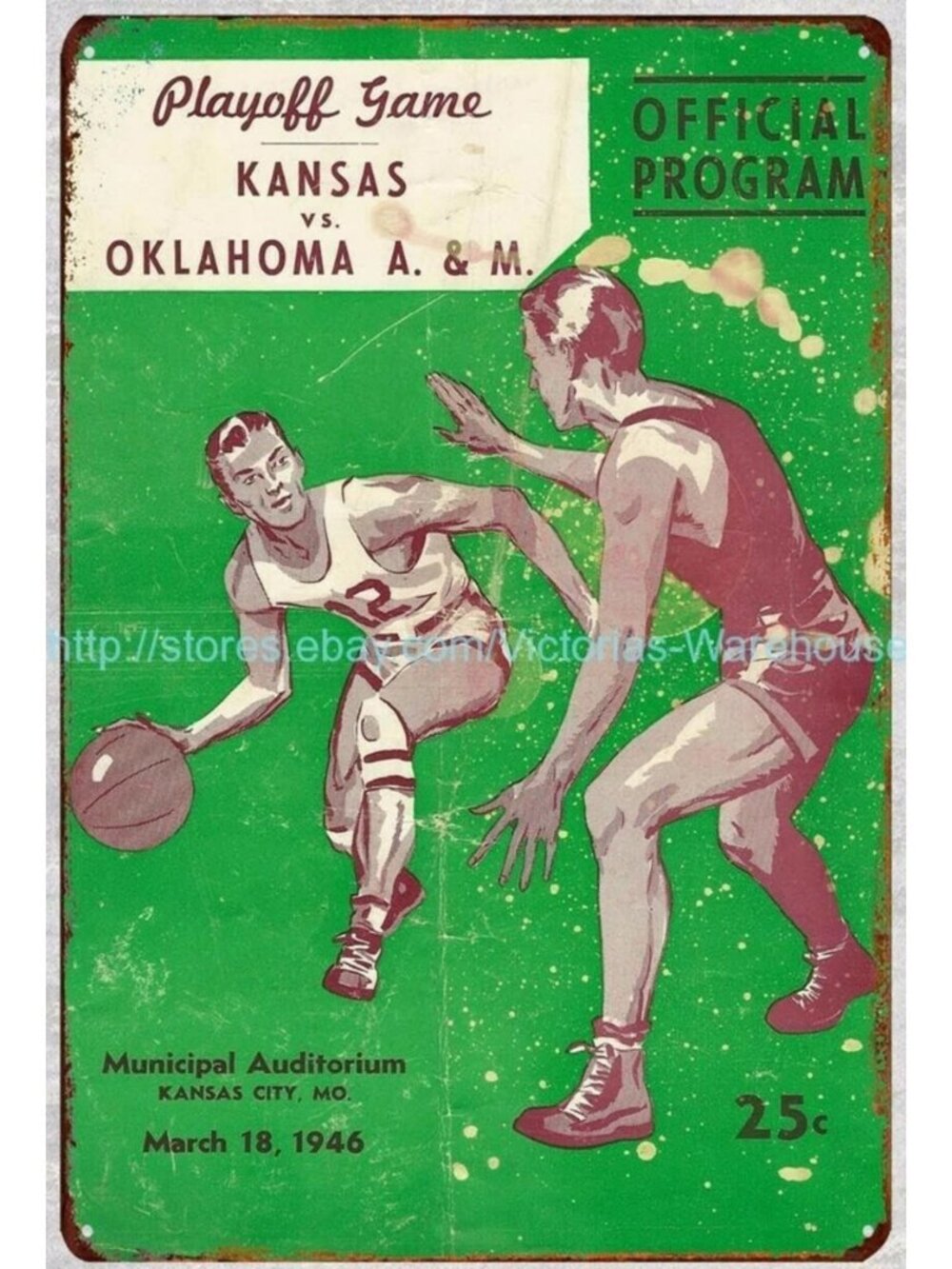 1946 Playoff Basketball Game Vintage Metal Tin Sign Kansas vs Oklahoma A&M 8x12
